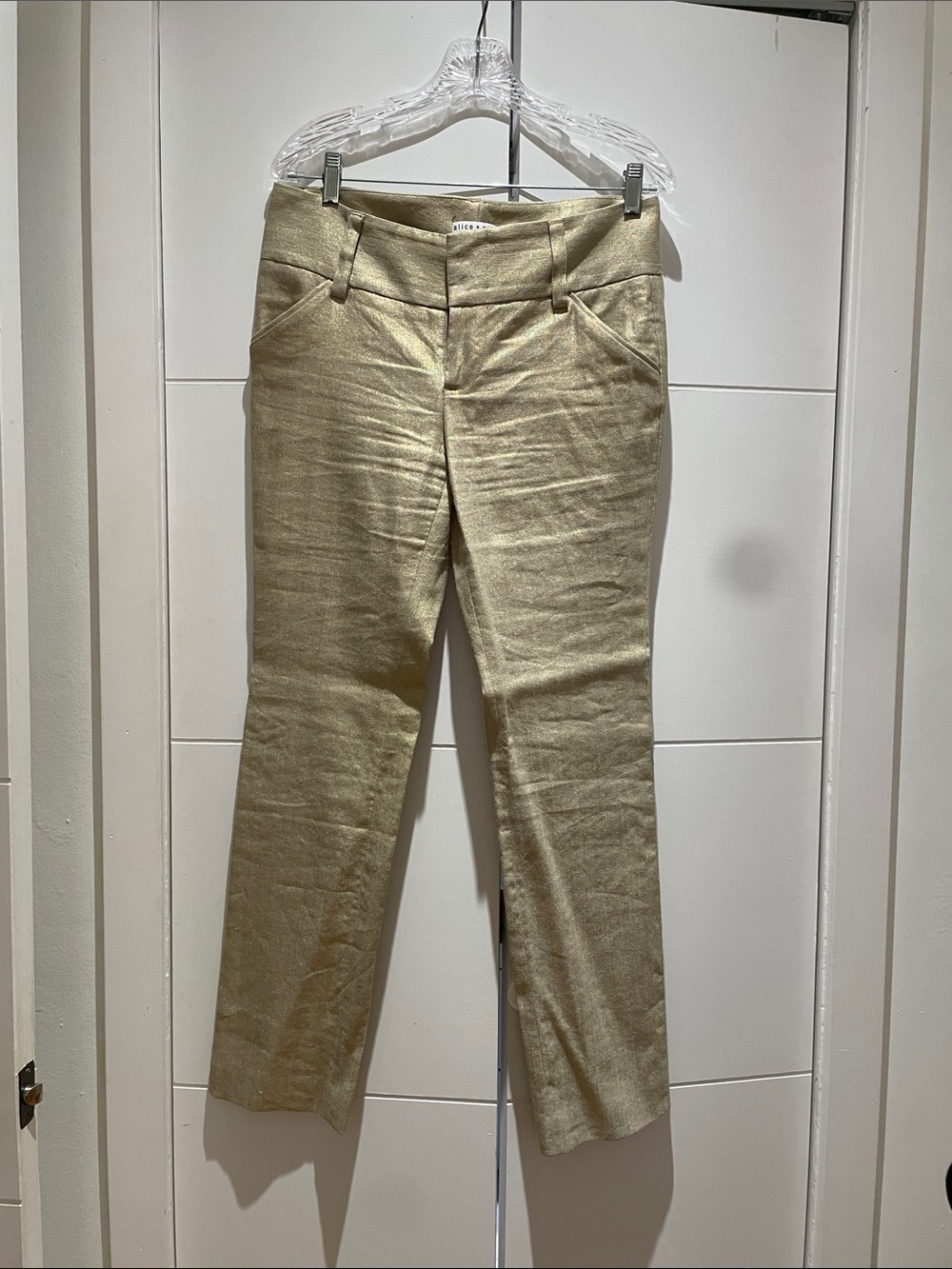 Alice + Olivia Gold Metallic Linen Blend Wide Leg Trouser Pants | 32” Waist